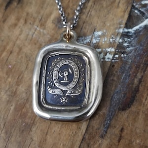 Bronze Courage and Challenge necklace wax seal jewelry  with two Latin motto's 400B