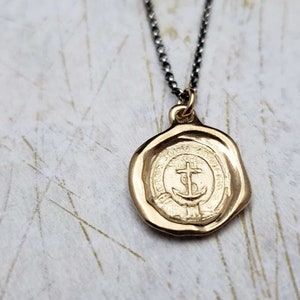 Gold Anchored Cross Necklace from Antique wax seal with Latin Motto - Christian Anchor Jewelry in Gold Vermeil - 225G