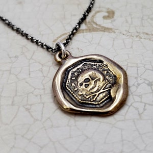 Bronze Skull & Crossbone Necklace -  Memento Mori Wax Seal Skull Necklace - 347B
