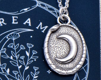 Moon Dream Necklace ~ Ouroboros and Moon Necklace - Eternally Dream Sterling Silver Eternity Snake Pendant - 557