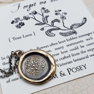 Forget Me Not Necklace - Floral Wax Seal Pendant Necklace in Bronze - Remembrance Necklace -  462B