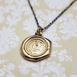 Gold Thistle Wax Seal Necklace in Latin - Sweeter after Difficulties Pendant in Gold Vermeil - 261G