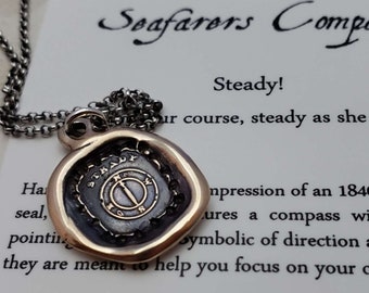 Bronze Seafarer Mariners Compass Wax Seal Necklace Antiqued - Compass Wax Seal Pendant from Antique Wax Seal - 238