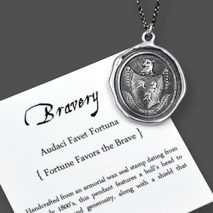 Bravery Necklace - Fortune Favors the Brave wax seal pendant - Sterling silver Bull jewelry - 119