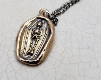 Skeleton Wax Seal Necklace in Bronze - Memento Mori Wax Weal Jewelry -  104B