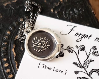 Forget Me Not - Floral Wax Seal Pendant Necklace Sterling Silver Remembrance - True Love 462