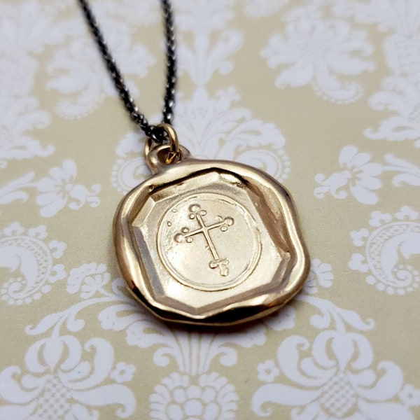Antique Cross Wax Seal Pendant in Gold - Heraldic Cross Necklace in Gold Vermeil - 280G