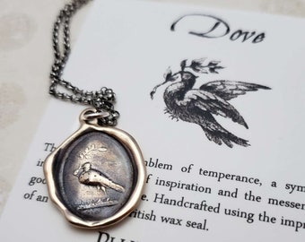Bronze Dove Necklace - Dove jewelry - Peace dove wax seal necklace featuring a bird and an olive branch - 308