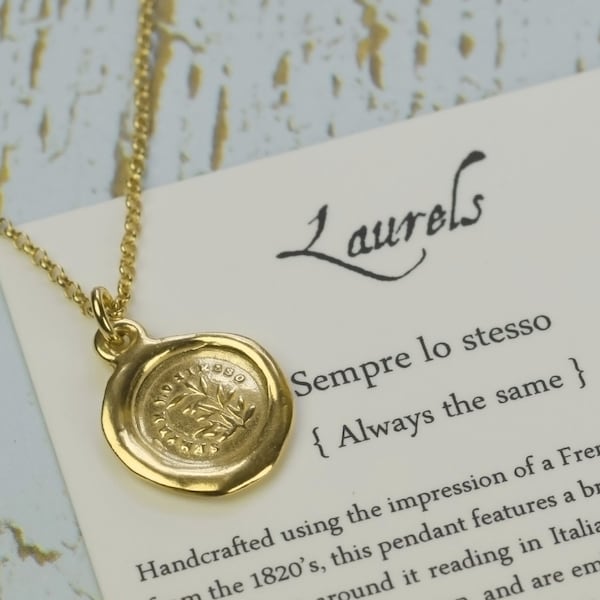 Gold Always the Same Wax Seal Necklace - Gold Vermeil Laurel Leaf Evergreen Necklace - 176G