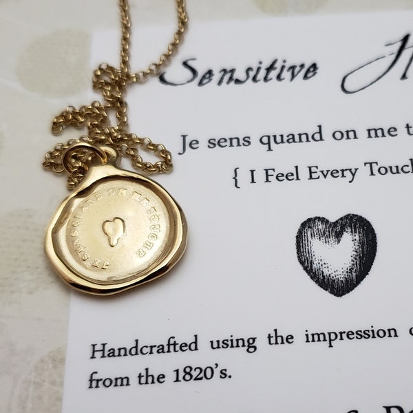 Gold Vermeil Sensitive Heart Wax Seal Necklace - I feel every touch - 102G