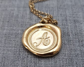 Gold Letter A Pendant - Gold Vermeil Monogram Wax Seal Pendant Necklace - Wax seal Jewelry Letter A Initial Pendant