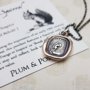 May include: A silver chain necklace with a bronze pendant featuring a squirrel design. The pendant is engraved with the words "Frange et Inspice" and "Break and Reflect".