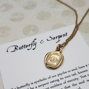 Ouroboros Snake Necklace in Gold, Forever ~ Butterfly & Serpent Wax Seal Necklace in Gold Vermeil - 411G