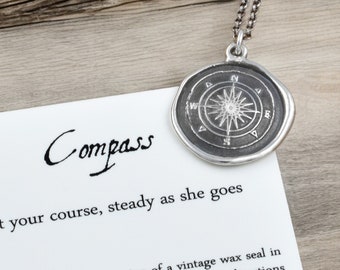 Compass Rose Wax Seal Necklace Antiqued - Compass jewelry - 332