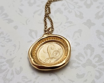 Gold Initial L Jewelry - Gold Vermeil Monogram Wax Seal Pendant Necklace - Wax seal Jewelry Letter Initial Pendant from Plum and Posey