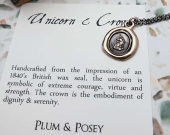 Unicorn & Crown Heraldic Wax Seal Pendant in Bronze - Unicorn jewelry from heraldry - 210B