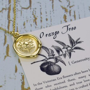 Gold Orange Tree - Floral Wax Seal Pendant Necklace - Orange blossom in Gold Vermeil - Generosity - 466
