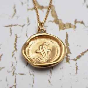 Gold Letter F Jewelry - Gold Vermeil Monogram Wax Seal Necklace - Wax seal Jewelry Letter Initial Pendant from Plum and Posey