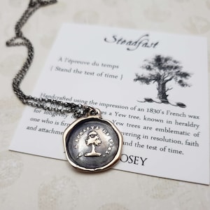 Peut inclure: Un collier pendentif argenté avec un pendentif circulaire représentant un arbre. Le pendentif est suspendu à une fine chaîne, présenté sur une carte avec du texte et une illustration d'arbre. La carte indique "Steadfast" et "À l'épreuve du temps".
