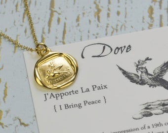 Gold I Bring Peace - Gold Vermeil Dove pendant from an antique French wax seal - 196G