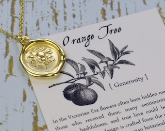 Gold Orange Tree - Floral Wax Seal Pendant Necklace - Orange blossom in Gold Vermeil - Generosity - 466