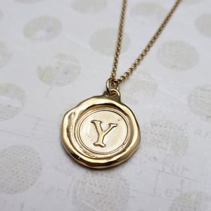Gold Initial Y Pendant - Gold Vermeil Monogram Wax Seal Pendant Necklace - Wax seal Jewelry Letter Initial Pendant from Plum and Posey