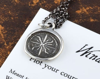 Windrose Compass Wax Seal Pendant from Post Medieval Wax Seal Compass Rose Necklace North Star - 112