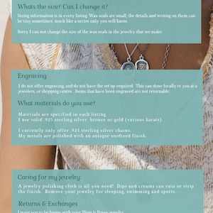 May include: A text-based guide to buying a pendant, engraving, materials, and caring for jewelry. The text includes the phrases "Can I just buy the pendant?", "What materials do you use?", "Caring for my jewelry:", and "Returns & Exchanges".