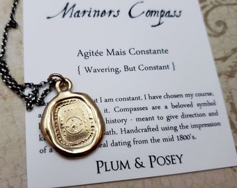 Gold Mariners Compass Wax Seal Necklace - Compass Pendant from Antique Wax Seal in Gold Vermeil - 201G