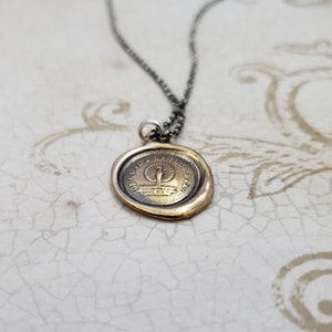 Puede incluir: Un collar dorado con un colgante redondo con un dise&ntilde;o de sello de cera. El colgante tiene una imagen de un p&aacute;jaro con el texto "QUID DA FLUS EST BEATI" alrededor del borde.