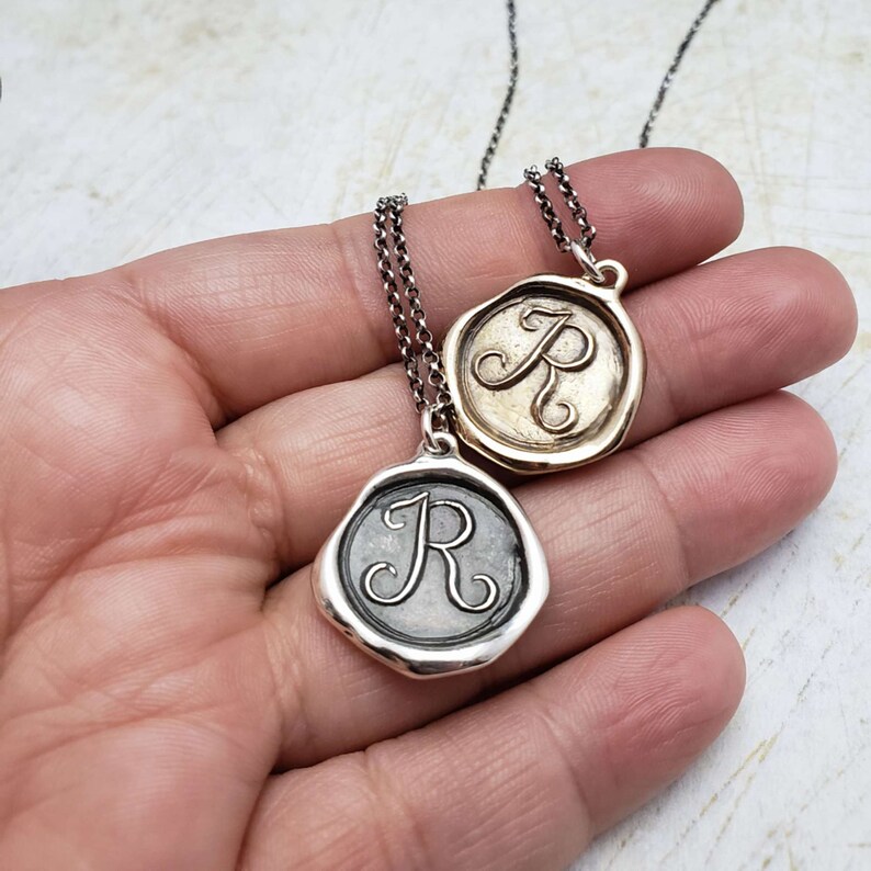 Initial R Bronze Monogram Wax Seal Pendant Necklace Wax seal Jewelry Letter Initial Pendant from Plum and Posey image 5