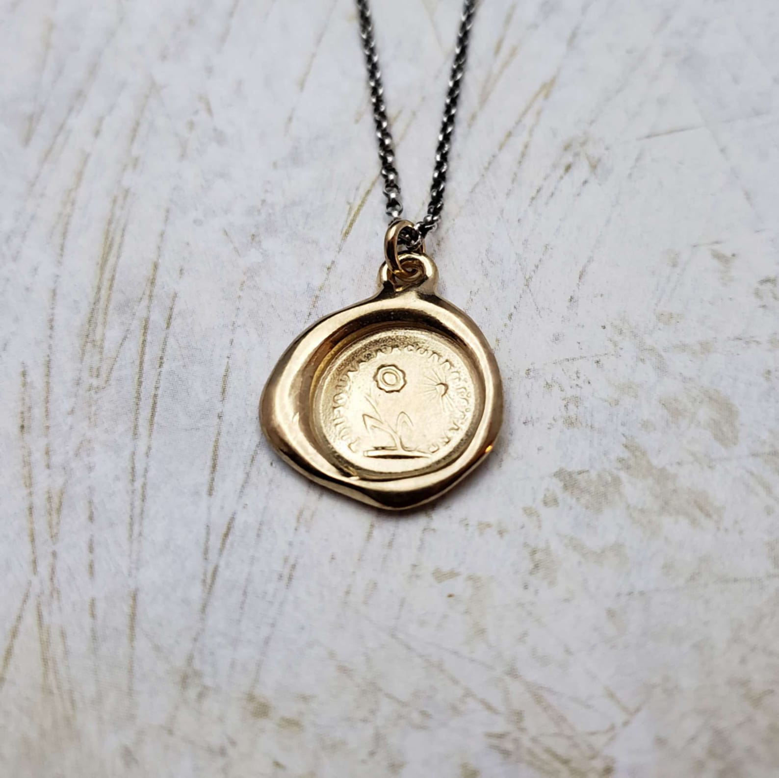 Gold Gratitude Necklace Sunflower Wax Seal Pendant in Gold | Etsy