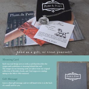 May include: A silver horse wax seal pendant necklace with a black velvet pouch and a card that describes the origins and symbolism of the horse. The card includes the text "Horse, mais sensible (High Spirited, Yet Sensitive)". The card also includes a small image of a horse. The necklace is packaged in a gray box with the Plum & Posey logo.