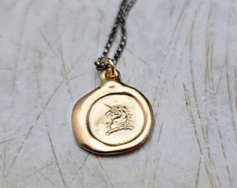 Gold Vermeil Unicorn Pendant  - Wax seal necklace with unicorn design - Unicorn jewelry from heraldry - 305G