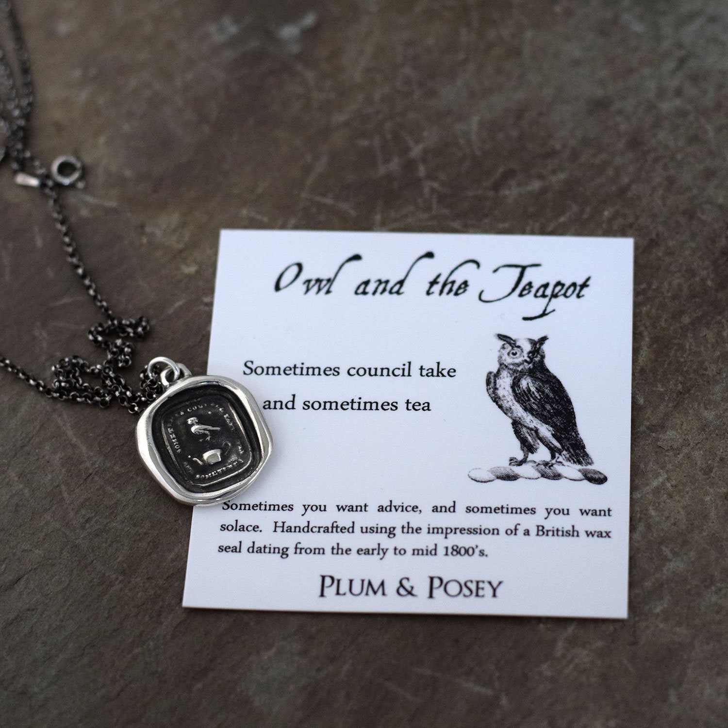 Owl and Teapot wax seal necklace - Council and Comfort - 188