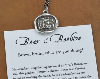 Bear and Bee Hive Wax Seal Necklace - Brown Bear Necklace - Brown bear what are you doing - 147