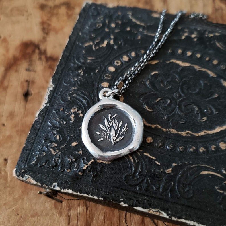 Laurel Glory Achievement Floral Wax Seal Pendant, Sterling Silver Necklace Laurel Branch 464 image 10