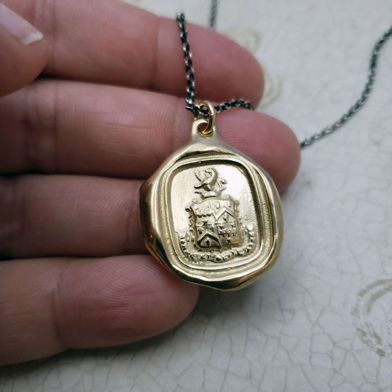 214G Gold Wax seal Jewelry with meaning Good and beautiful enough Lion Jewelry Self Acceptance Lion Necklace with crest in French