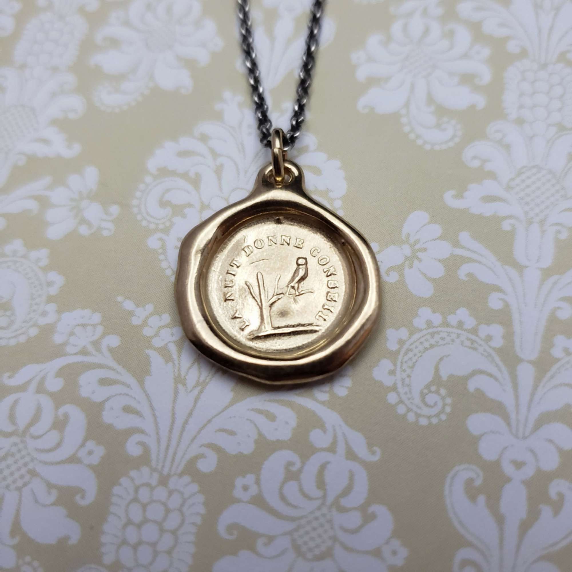 Owl in Tree Pendant in Gold Vermeil, Gold Owl Wisdom Wax Seal Pendant, The night is full of wisdom -
