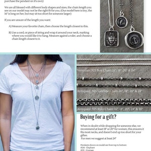 Puede incluir: Una gu&iacute;a para elegir la longitud de cadena correcta para un collar. La imagen muestra a una mujer usando varios collares con diferentes colgantes, junto con una tabla de longitudes y estilos de cadena. El texto incluye las siguientes longitudes: 16 cm, 18 cm, 20 cm, 24 cm y 30 cm.