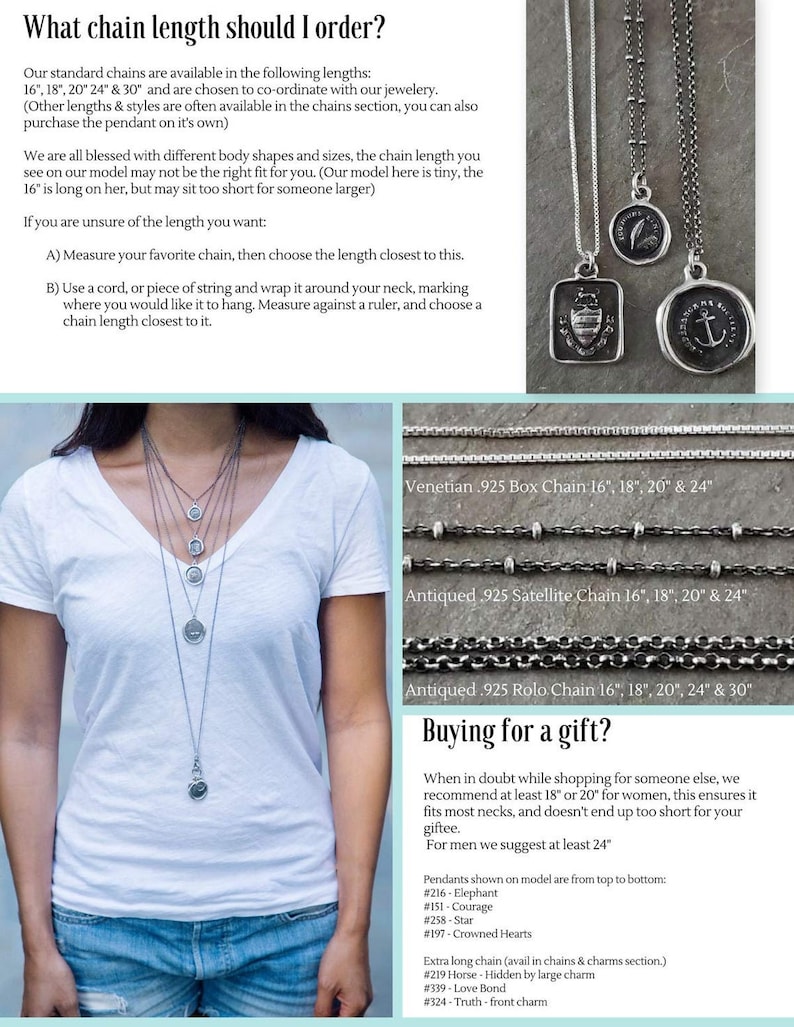 Puede incluir: Una gu&iacute;a para elegir la longitud de cadena correcta para un collar. La imagen muestra a una mujer usando varios collares con diferentes colgantes, junto con una tabla de longitudes y estilos de cadena. El texto incluye las siguientes longitudes: 16 cm, 18 cm, 20 cm, 24 cm y 30 cm.