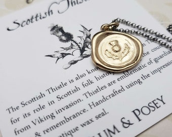 Scottish Thistle Wax Seal Pendant in Gold Vermeil - Scottish Necklace - 344G