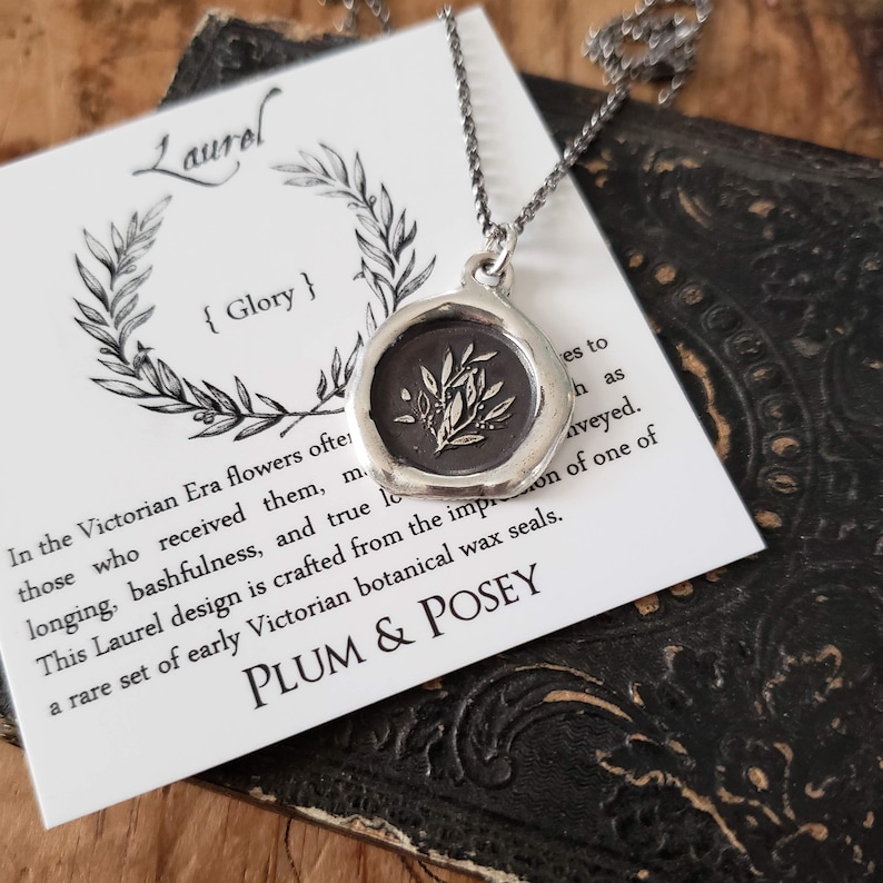 Laurel Glory Achievement Floral Wax Seal Pendant, Sterling Silver Necklace Laurel Branch 464 image 3