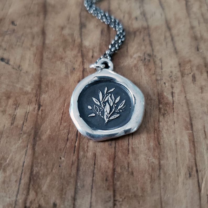 Laurel Glory Achievement Floral Wax Seal Pendant, Sterling Silver Necklace Laurel Branch 464 image 1