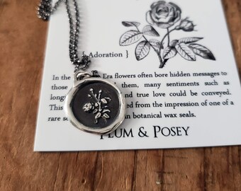 Rose Floral Wax Seal Pendant, Sterling Silver Necklace