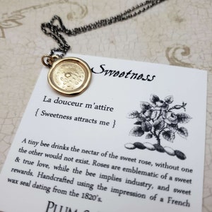 Bee and Rose Gold Wax Seal Necklace - Sweetness Attracts Me Pendant in Gold Vermeil - 317G
