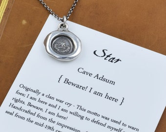 Star Necklace - Beware I am Here - Wax Seal Necklace in Latin - Cave Adsum Wax Seal Pendant - 315