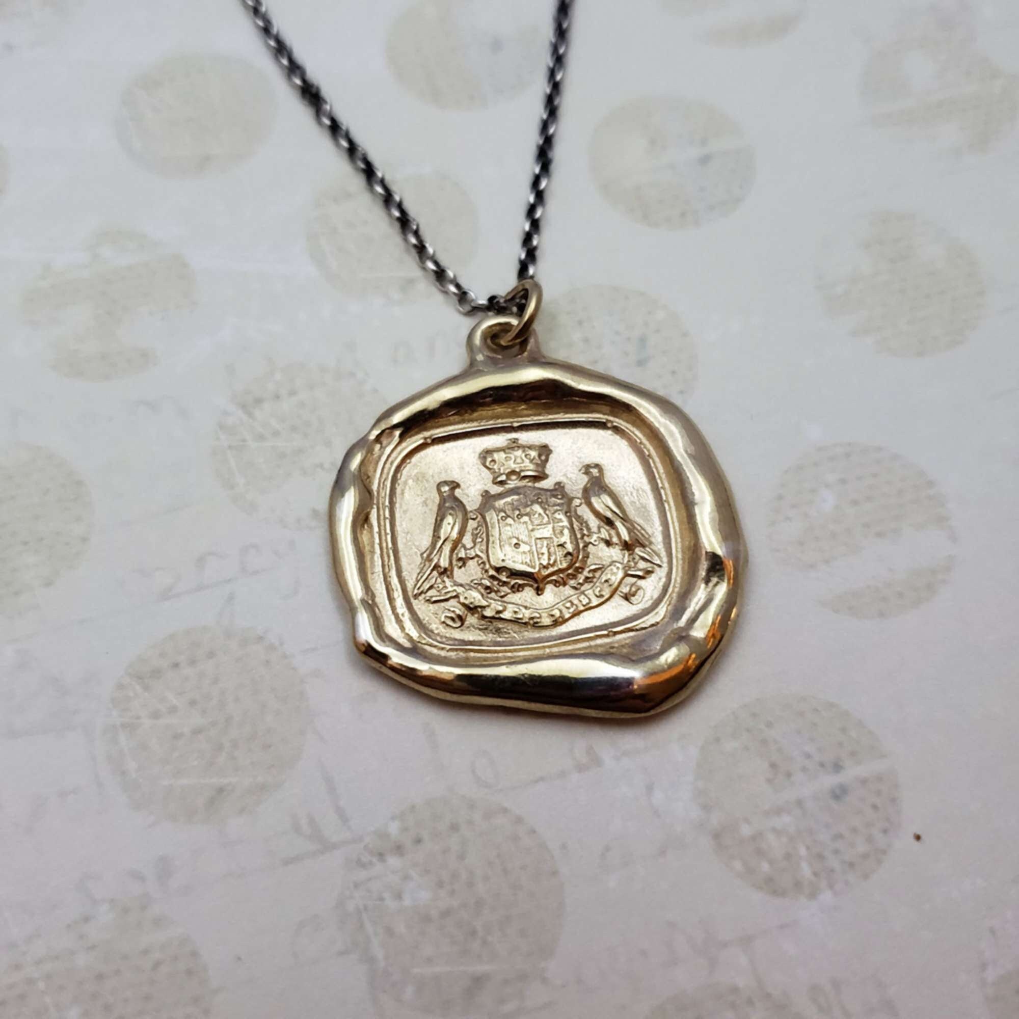 Gold Hawks Crest with Latin Motto - Effloresco or Bloom Forth - Gold Vermeil Wax seal crest necklace - 452G