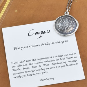 Compass Rose Wax Seal Necklace Antiqued - Compass jewelry - 332