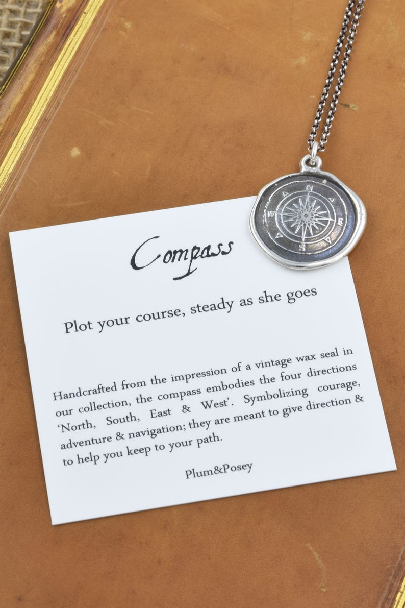 Compass Rose Wax Seal Necklace Antiqued - Compass jewelry - 332 